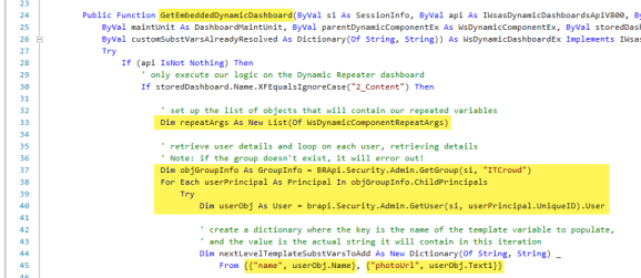 The logic starts with GetEmbeddedDynamicDashboard. Retrieve the list of users and set them in a data structure to keep track of the images and user names. Code saample highlighted with yellow highlight